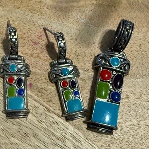 Colorful Mosaic Silver Earrings and Pendant Set